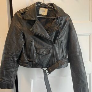Black Leather Moto Jacket with Asymmetrical Zipper